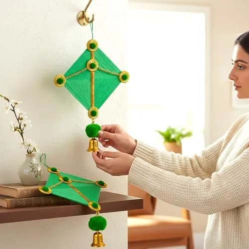 iHandikart Handmade Woolen Kite Wall Hanging Decoration | Makar Sankranti Festive Decor 17x12 Inches Green Pack of 2 thumbnail 2