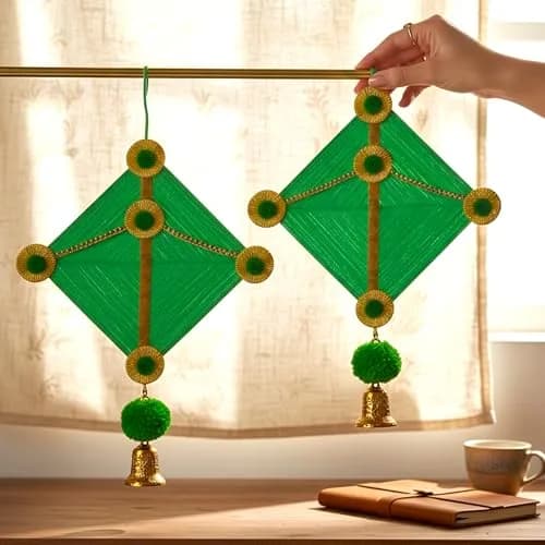 iHandikart Handmade Woolen Kite Wall Hanging Decoration | Makar Sankranti Festive Decor 17x12 Inches Green Pack of 2 thumbnail 3