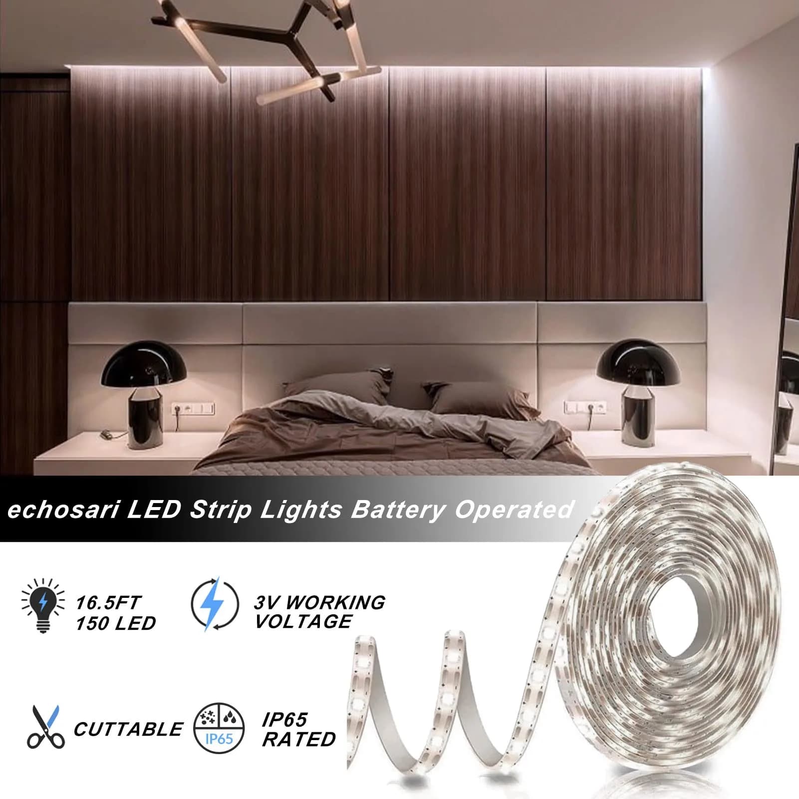 echosari Battery Operated LED Strip Lights, 16.5Ft 150 LED Cool White with Remote, 8 Modes - view 4