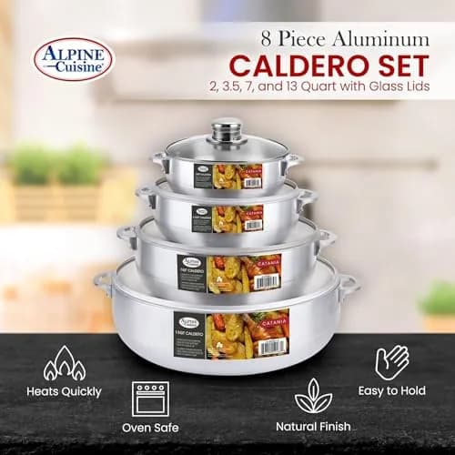 Alpine Cuisine 8-Piece Aluminum Caldero Set with Glass Lids | Versatile Pots for Stews, Rice & Soups in 2, 3.5, 7, 13 Quart Sizes thumbnail 5