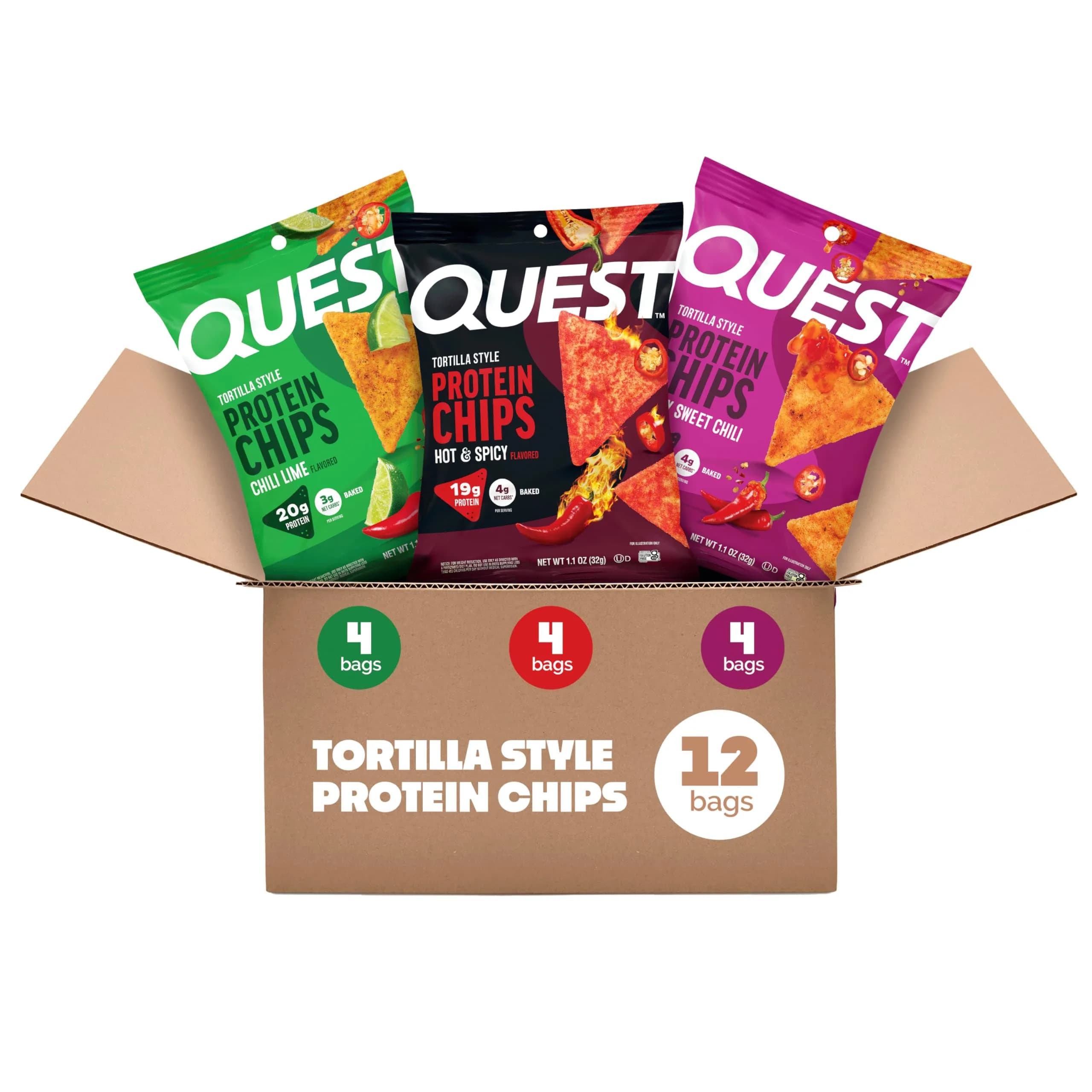 Quest Nutrition Tortilla Style Protein Chips Spicy Variety Pack (12 Count, 3 Flavors) | Baked, Low Carb Snack - main product image
