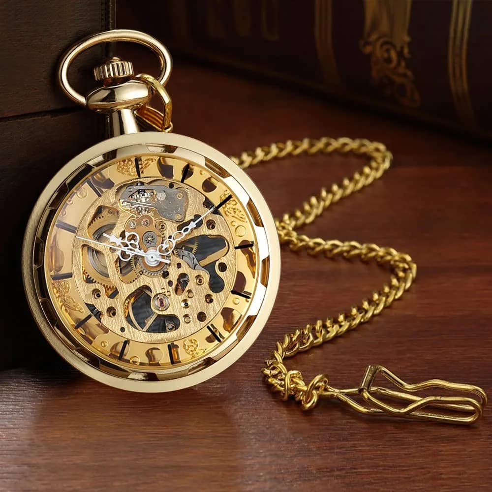 VIGOROSO All Gold Vintage Mechanical Pocket Watch with Chain | 4.3 cm Case | Roman Numeral Dial - view 2