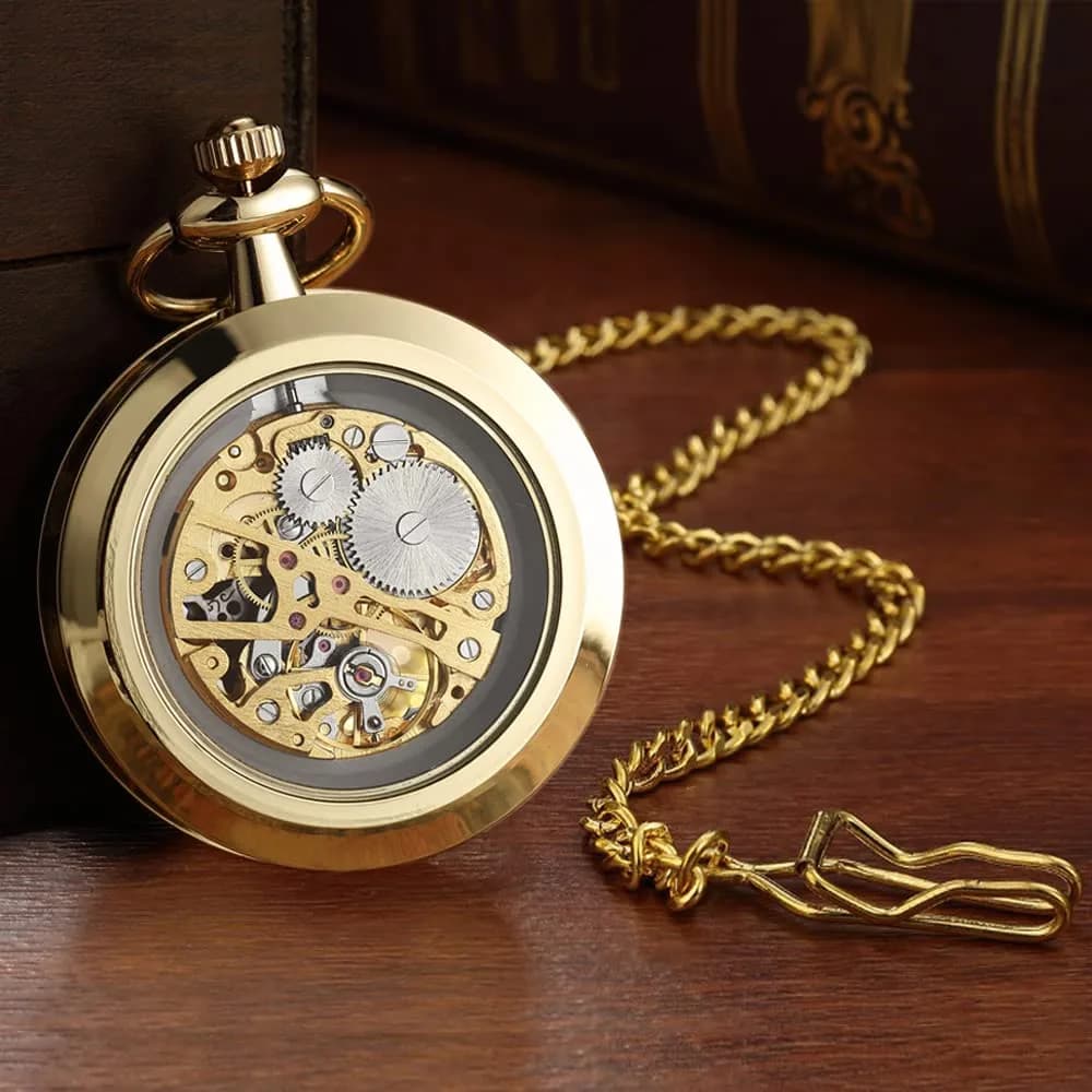 VIGOROSO All Gold Vintage Mechanical Pocket Watch with Chain | 4.3 cm Case | Roman Numeral Dial - view 3