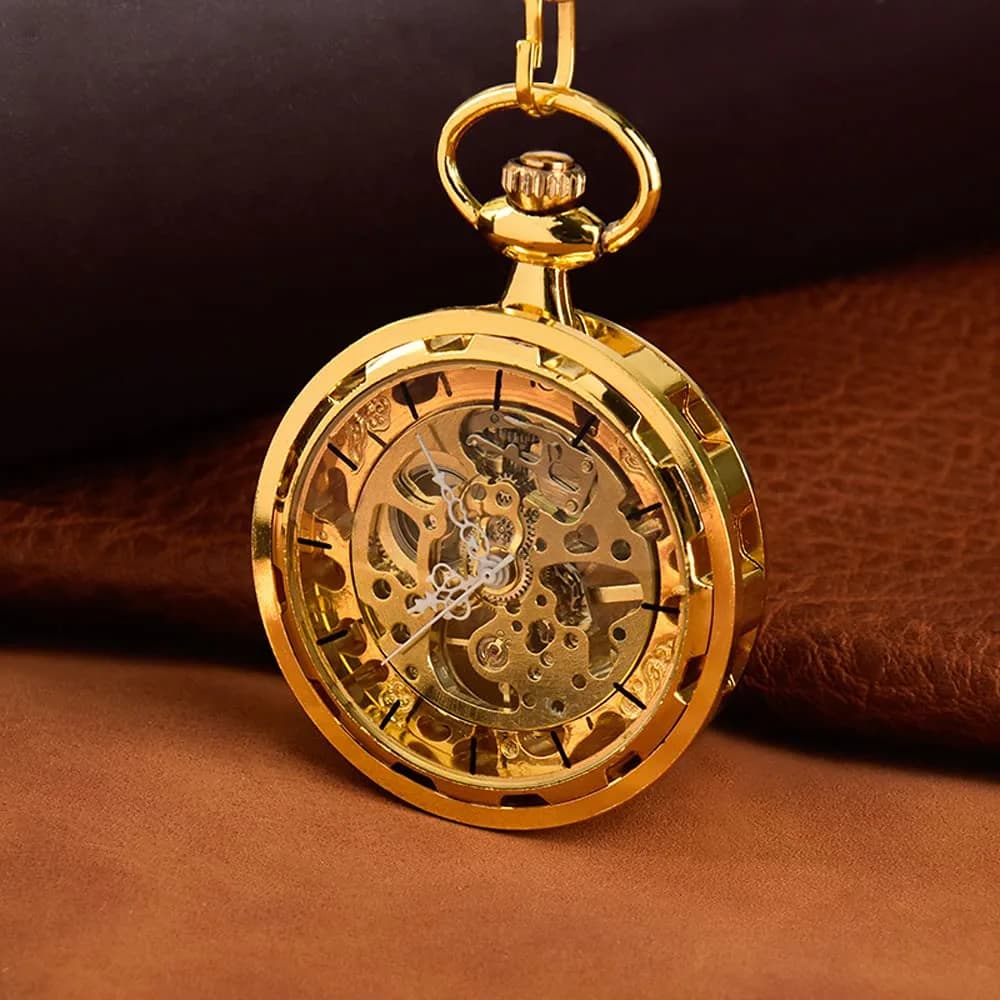 VIGOROSO All Gold Vintage Mechanical Pocket Watch with Chain | 4.3 cm Case | Roman Numeral Dial - view 4