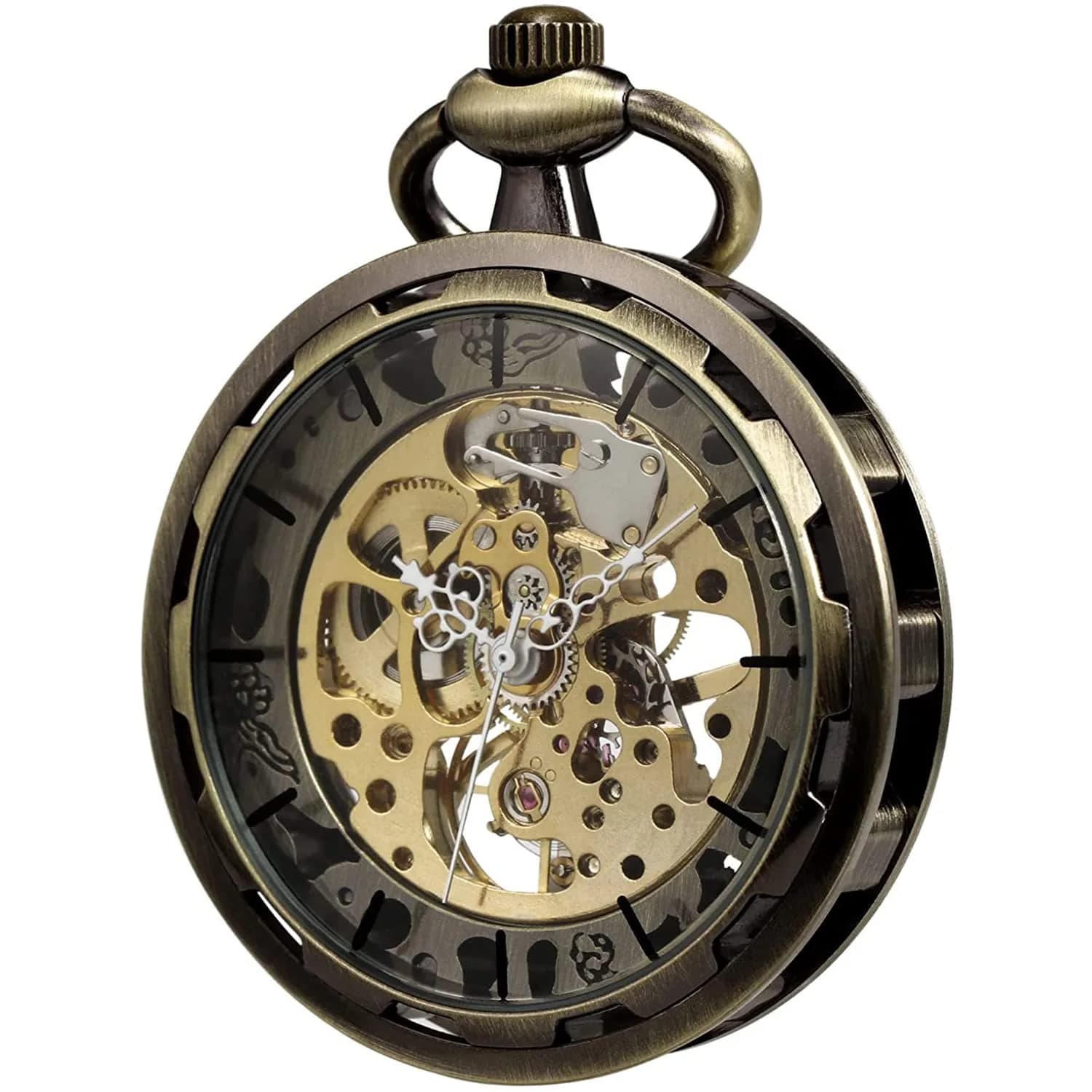 VIGOROSO Bronze Vintage Mechanical Pocket Watch with Chain | 4.3 cm (1.75 Inch) Case | Roman Numeral Dial - main product image