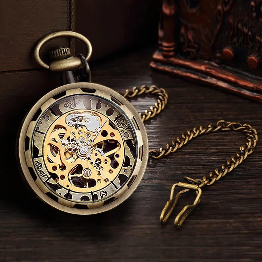 VIGOROSO Bronze Vintage Mechanical Pocket Watch with Chain | 4.3 cm (1.75 Inch) Case | Roman Numeral Dial - view 2