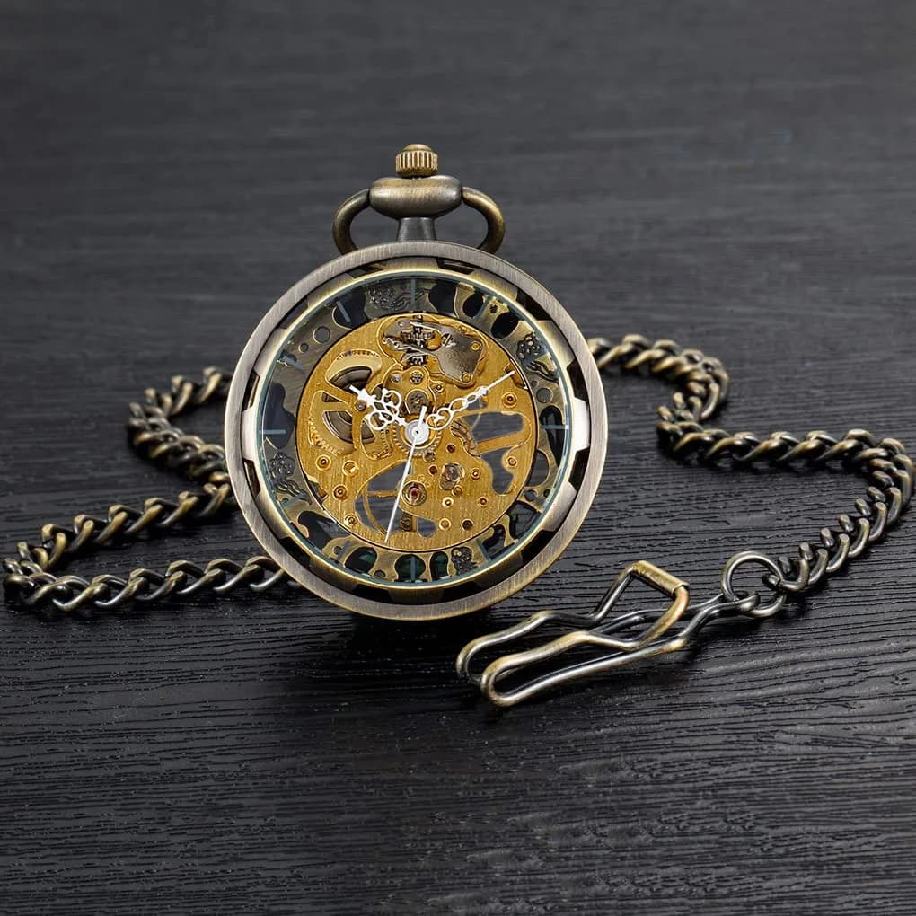 VIGOROSO Bronze Vintage Mechanical Pocket Watch with Chain | 4.3 cm (1.75 Inch) Case | Roman Numeral Dial - view 4