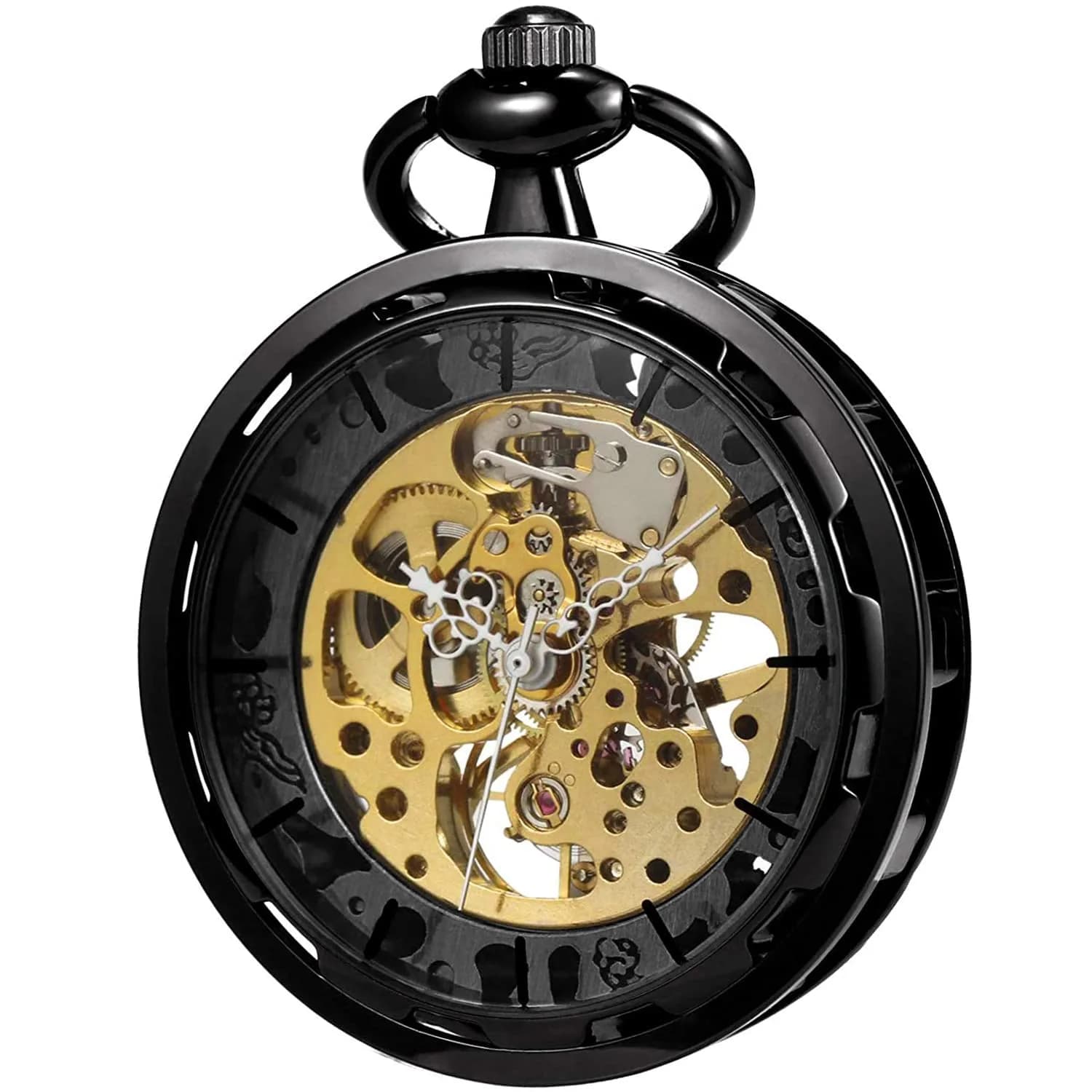 VIGOROSO Vintage Black Mechanical Pocket Watch with Chain | 4.3 cm Case | Roman Numeral Dial - main product image