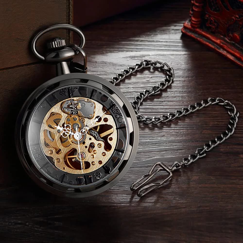 VIGOROSO Vintage Black Mechanical Pocket Watch with Chain | 4.3 cm Case | Roman Numeral Dial - view 2
