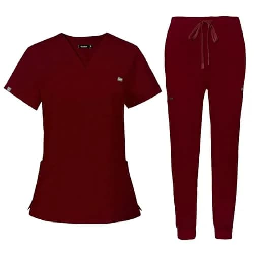 niaahinn Scrub for Women Scrubs Top with Classic V-Neck & Yoga Jogger Pants Medical Nursing Uniform Set (Burgundy, L) thumbnail 1