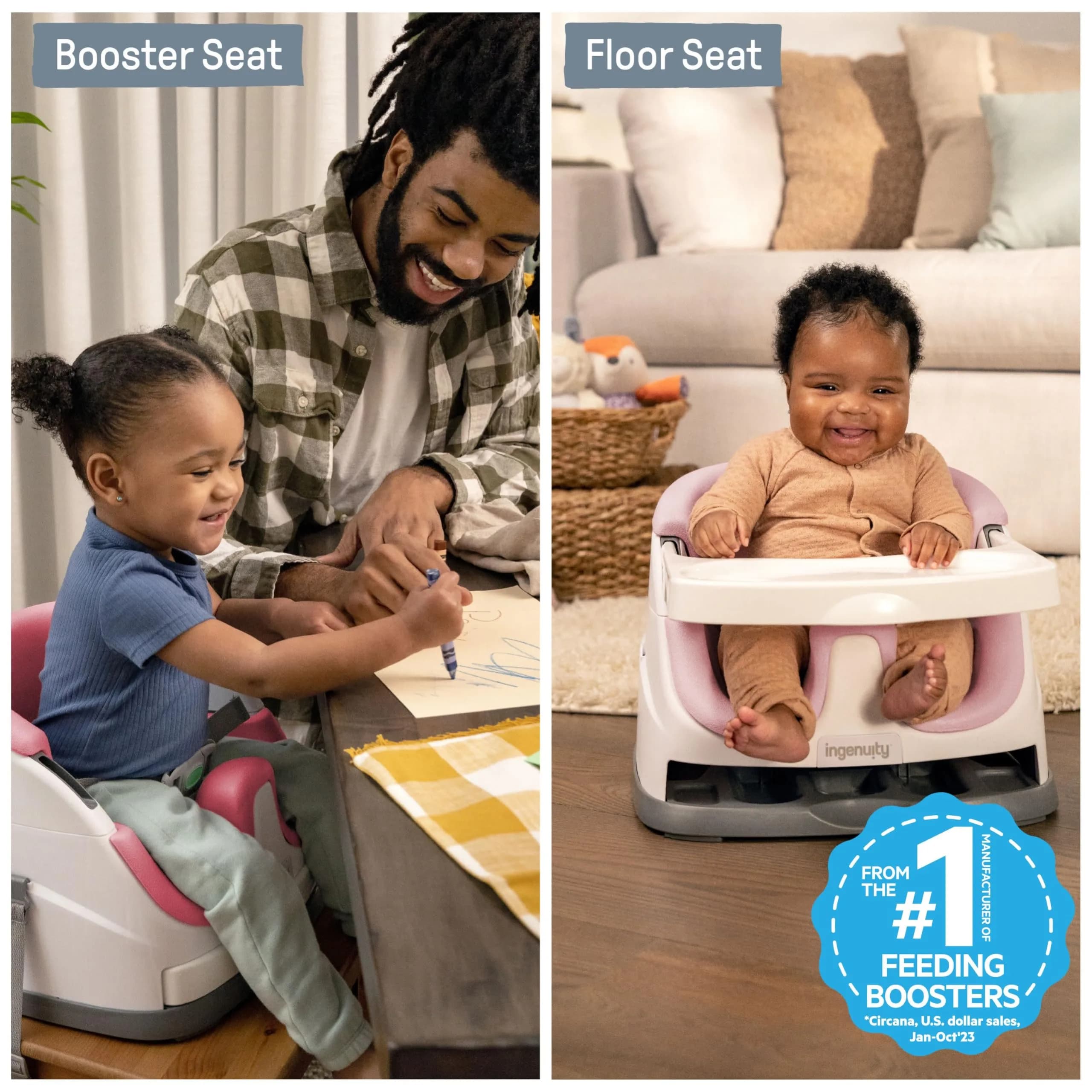 Ingenuity Baby Base 2-in-1 Booster Feeding and Floor Seat with Self-Storing Tray - Peony | 36 cm (14.2 in) Wide - view 2