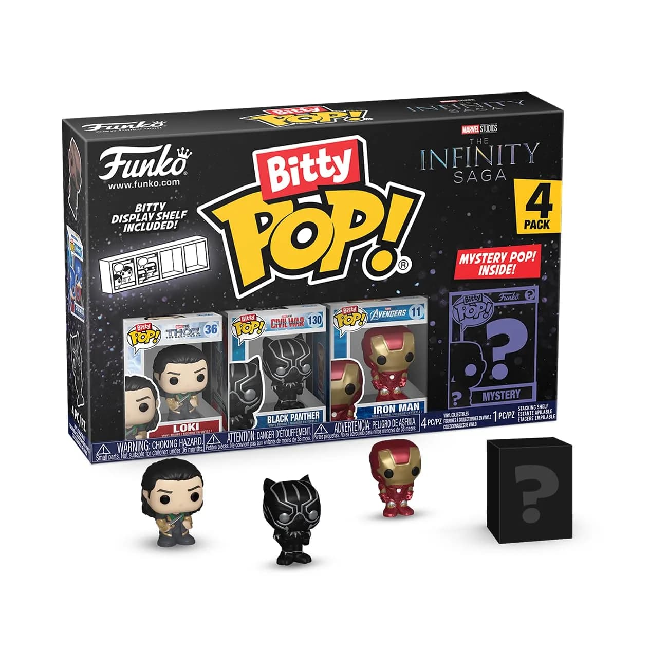 Funko Bitty POP! Marvel 4-Pack: Loki, Black Panther, Iron Man & Mystery Figure | 0.9-inch Collectible Vinyl Figures — Multicolour