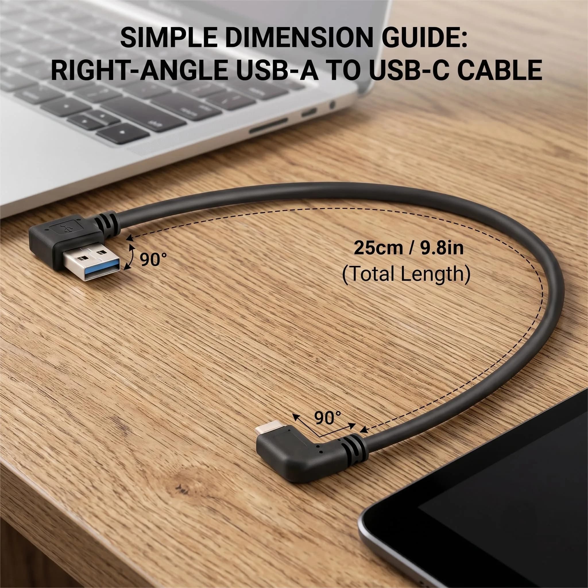 Oxsubor USB C 90 Degree Right Angle Cable Extension USB 3.0 Type c Cable Left Angle Male (25cm / 9.8in, Black, 2-Pack) - view 6