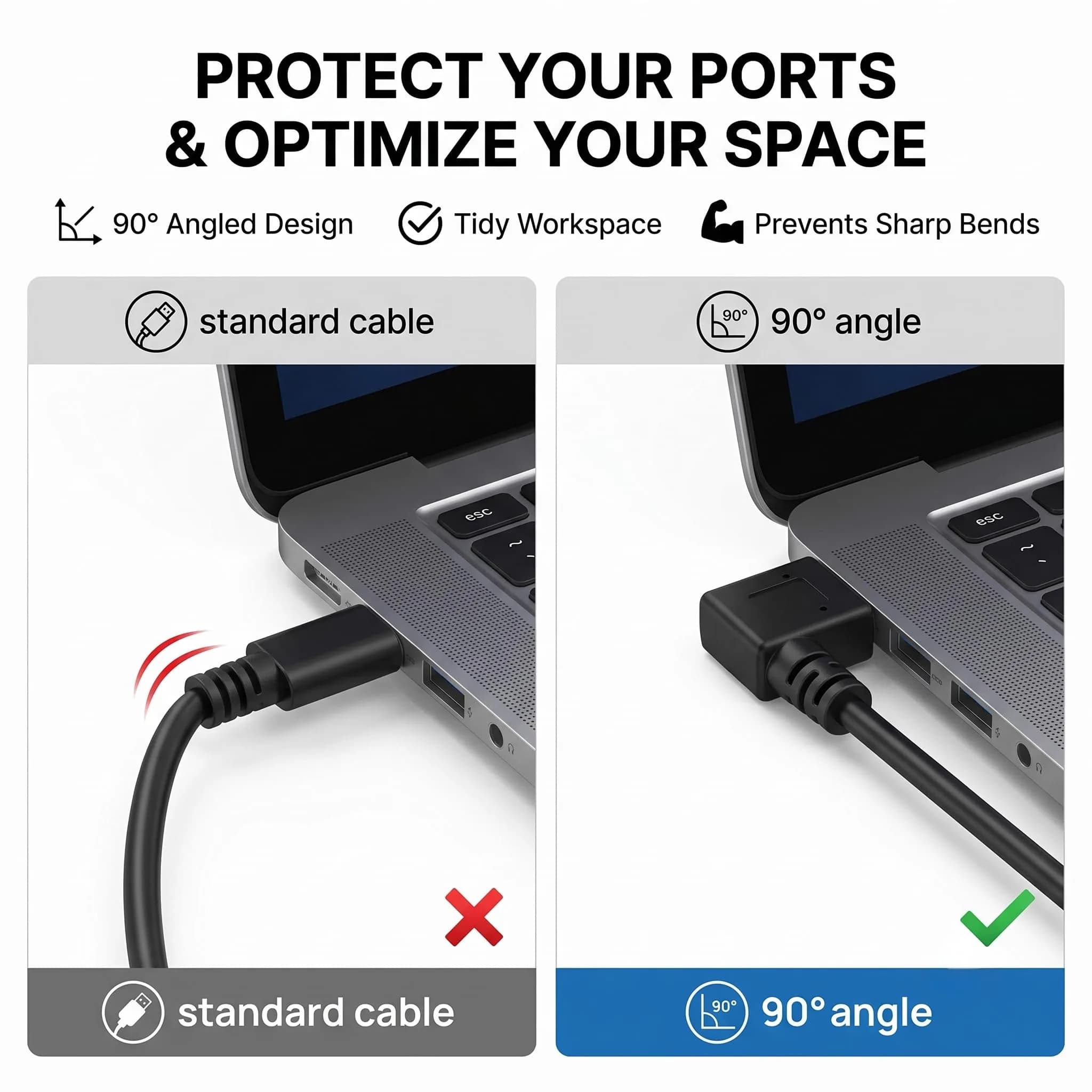 Oxsubor USB C 90 Degree Right Angle Cable Extension USB 3.0 Type c Cable Left Angle Male (25cm / 9.8in, Black, 2-Pack) - view 2