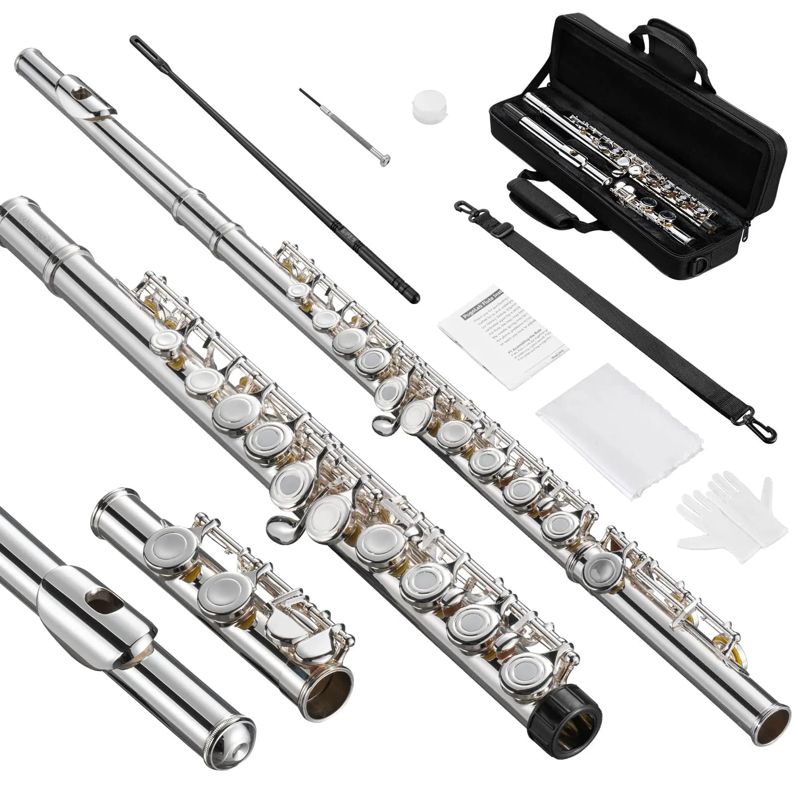 POGOLAB Closed Hole C 16 Keys Flute for Student Beginners | Nickel Plated, Easy to Play, with Accessories — Silver Plated Open Hole