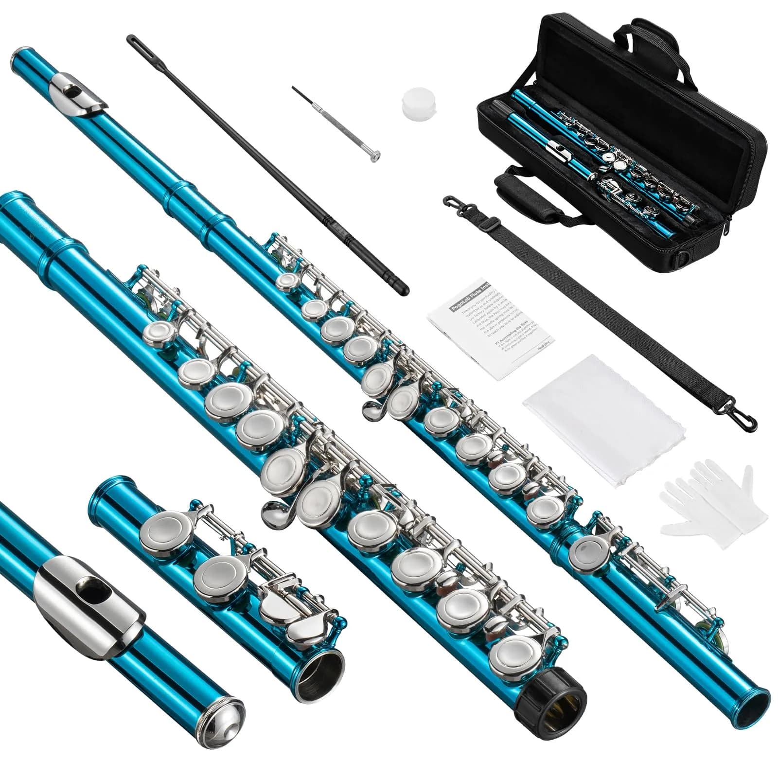 POGOLAB Closed Hole C 16 Keys Flute for Student Beginners | Nickel Plated, Easy to Play, with Accessories — Sky Blue Closed Hole