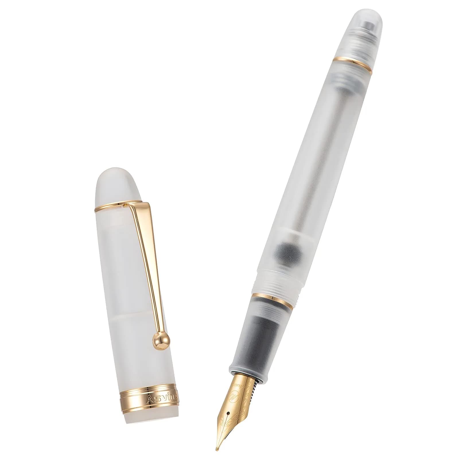 Asvine V126 Vacuum Filling Fountain Pen Extra Fine Nib, Blue Swirl Acrylic, 148mm (5.8in) | Smooth Ink Flow for Daily Writing — Frosted clear