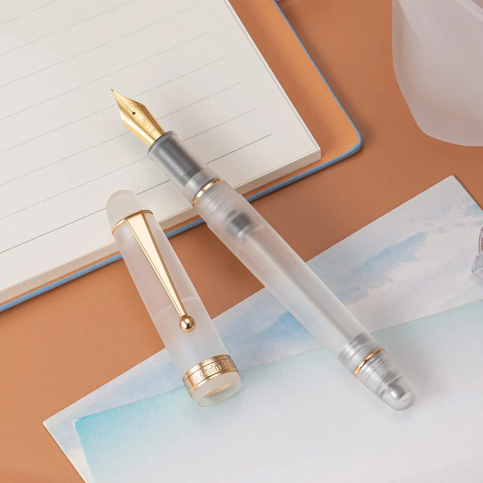 Asvine V126 Vacuum Filling Fountain Pen Gold Plated Fine Point, Frosted Transparent Acrylic Pen with Gift Case - view 7