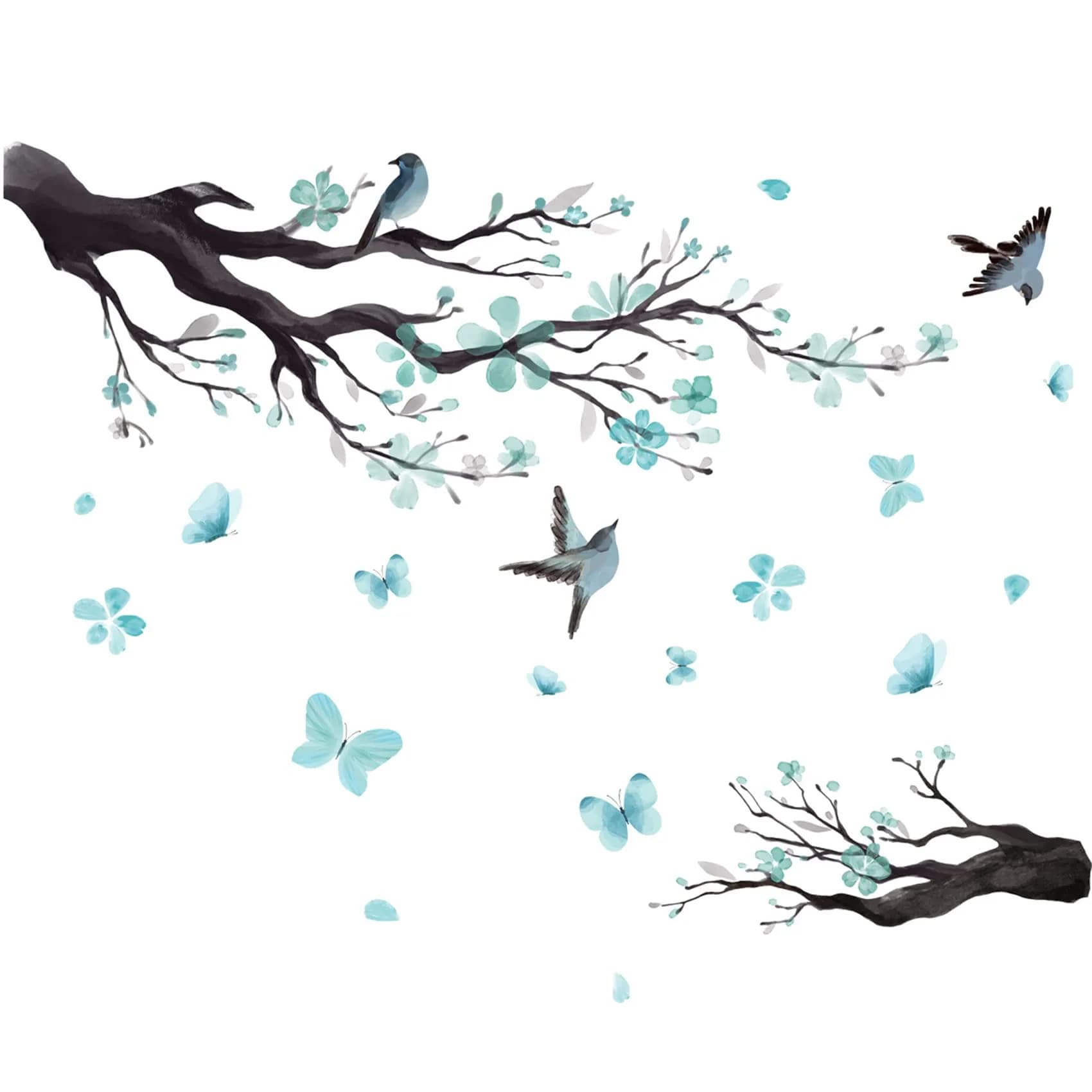 BWCXXZH Large White Flower Wall Stickers 50"x74" | Removable DIY Cherry Blossom Tree Wall Murals for Home Decor — Teal Blue