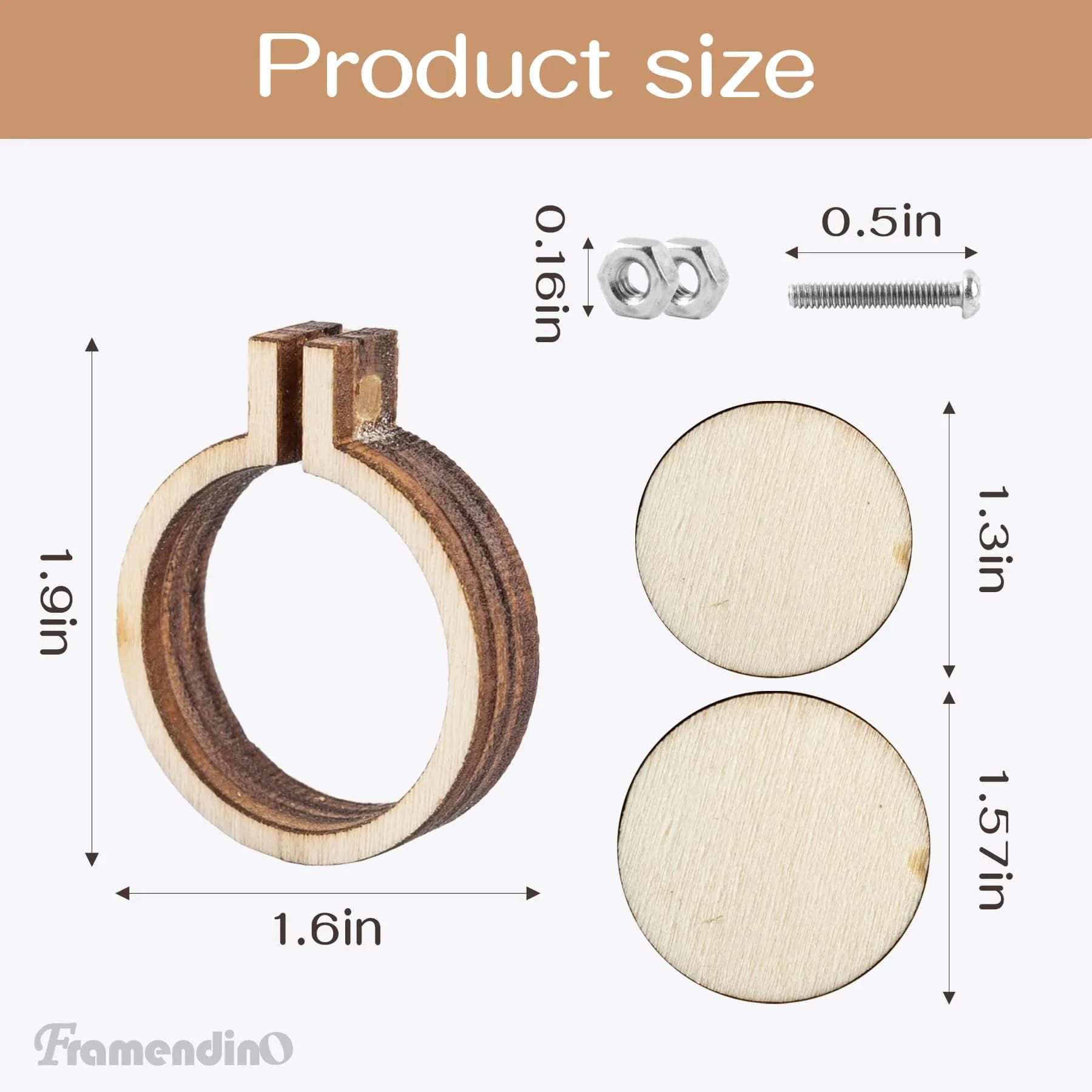 Framendino Mini Embroidery Hoop Wood Ring 4.8 cm (1.9"x1.6") | DIY Pendant Frame Craft Set of 10 - view 2