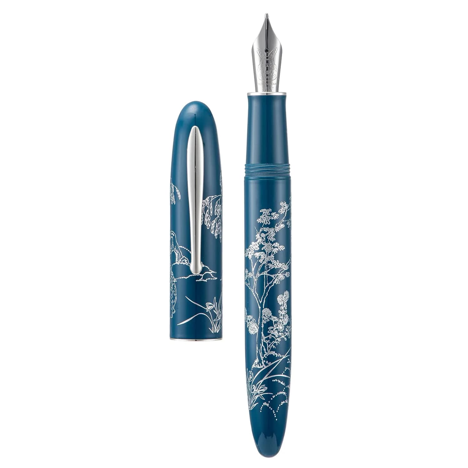 HONG DIAN N23 White Rabbit Fountain Pen, Long Blade Medium Nib Silver Trim, Metal Body, 141mm (5.55 inches) | Smooth Writing Instrument for Students & Professionals — Blue