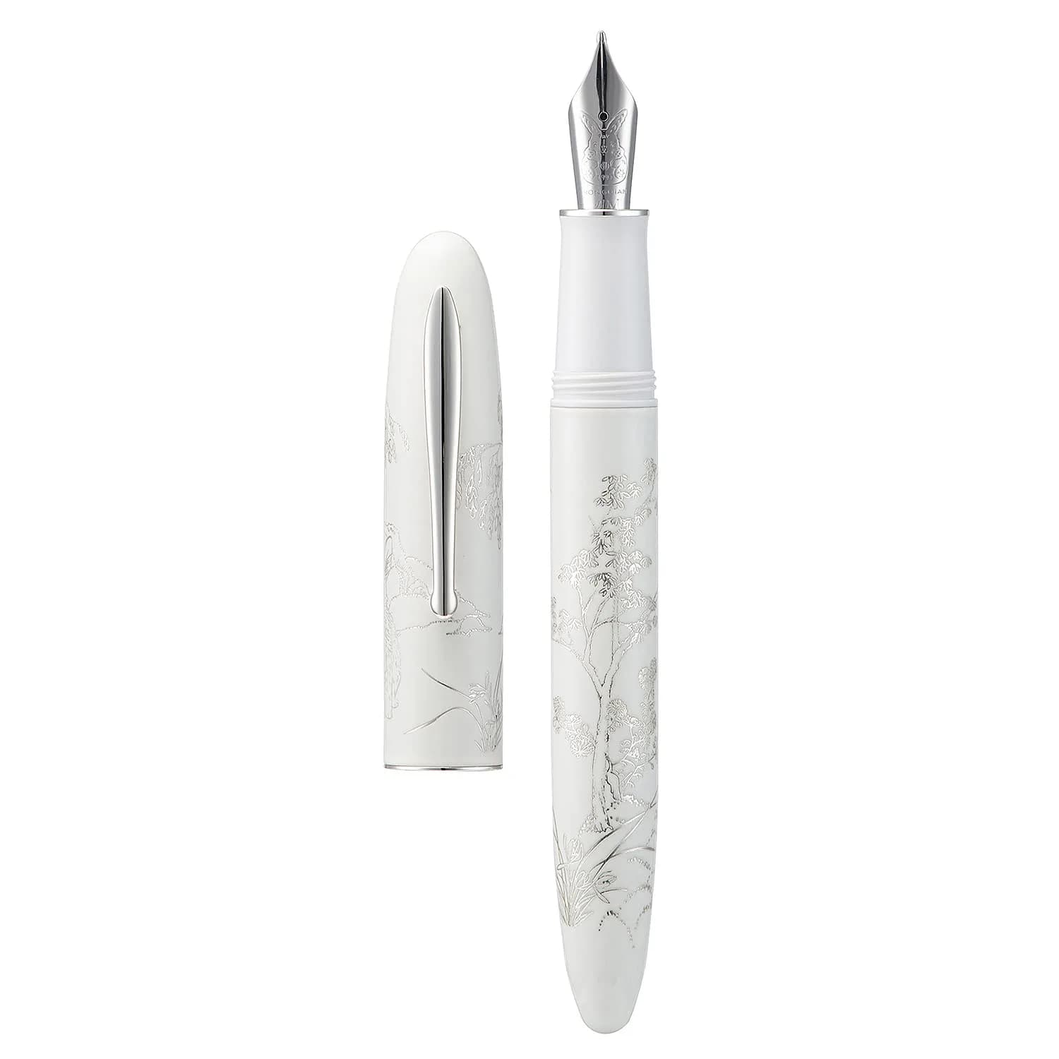 HONG DIAN N23 White Rabbit Fountain Pen, Long Blade Medium Nib Silver Trim, Metal Body, 141mm (5.55 inches) | Smooth Writing Instrument for Students & Professionals — White