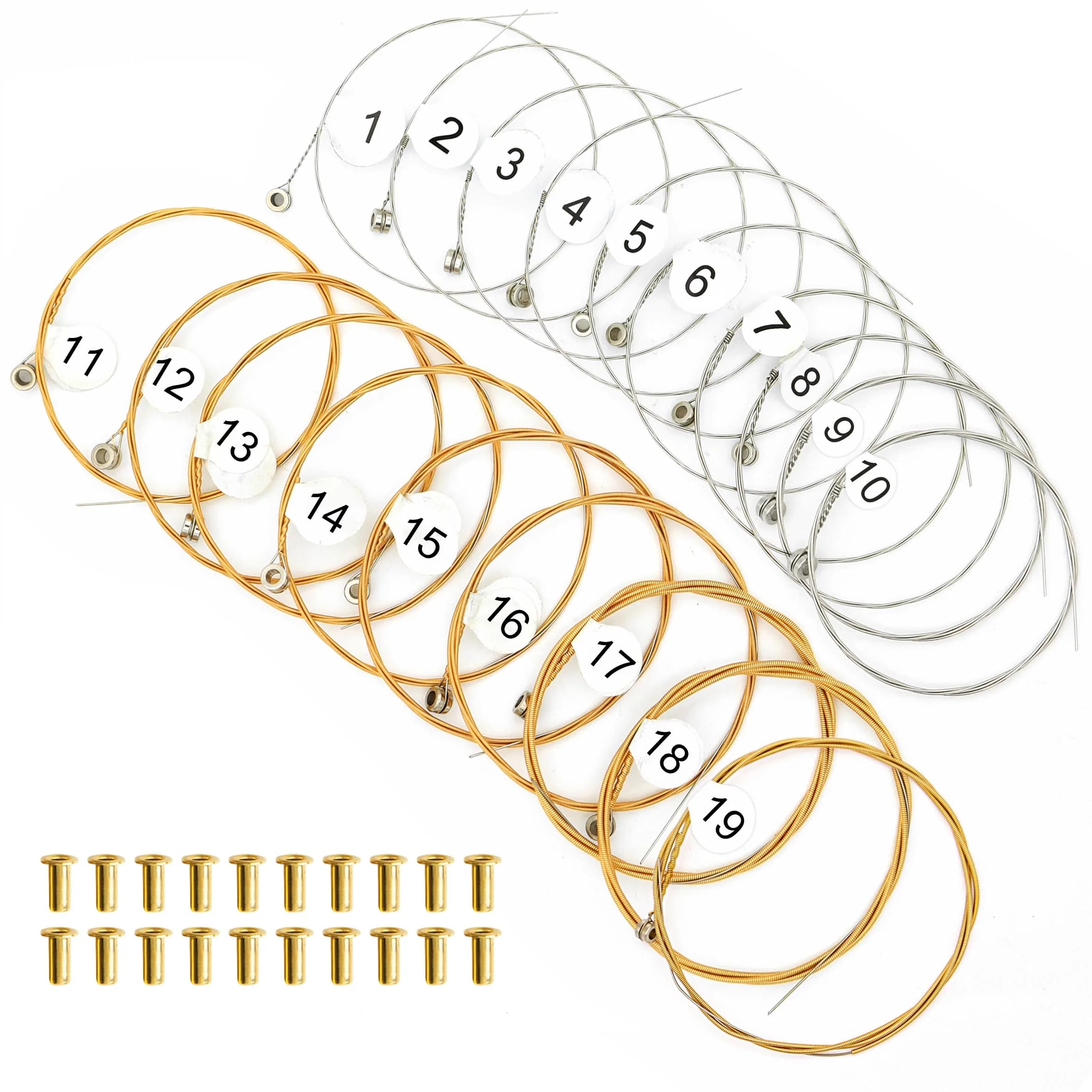 INKNOTE 16 Pcs Tuning Pin Set with L-Shape Wrench & Gooseneck Hammer Lever | For Lyre Harps & Primitive String Instruments — 19 Lyre Harp Strings with Rivets