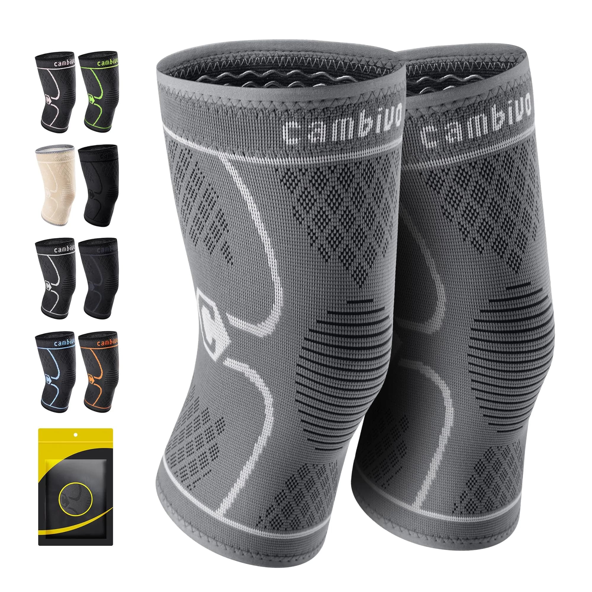 CAMBIVO 2 Pack Knee Brace Compression Sleeve Large (Cool Gray) | FDA Approved Medical Grade Support