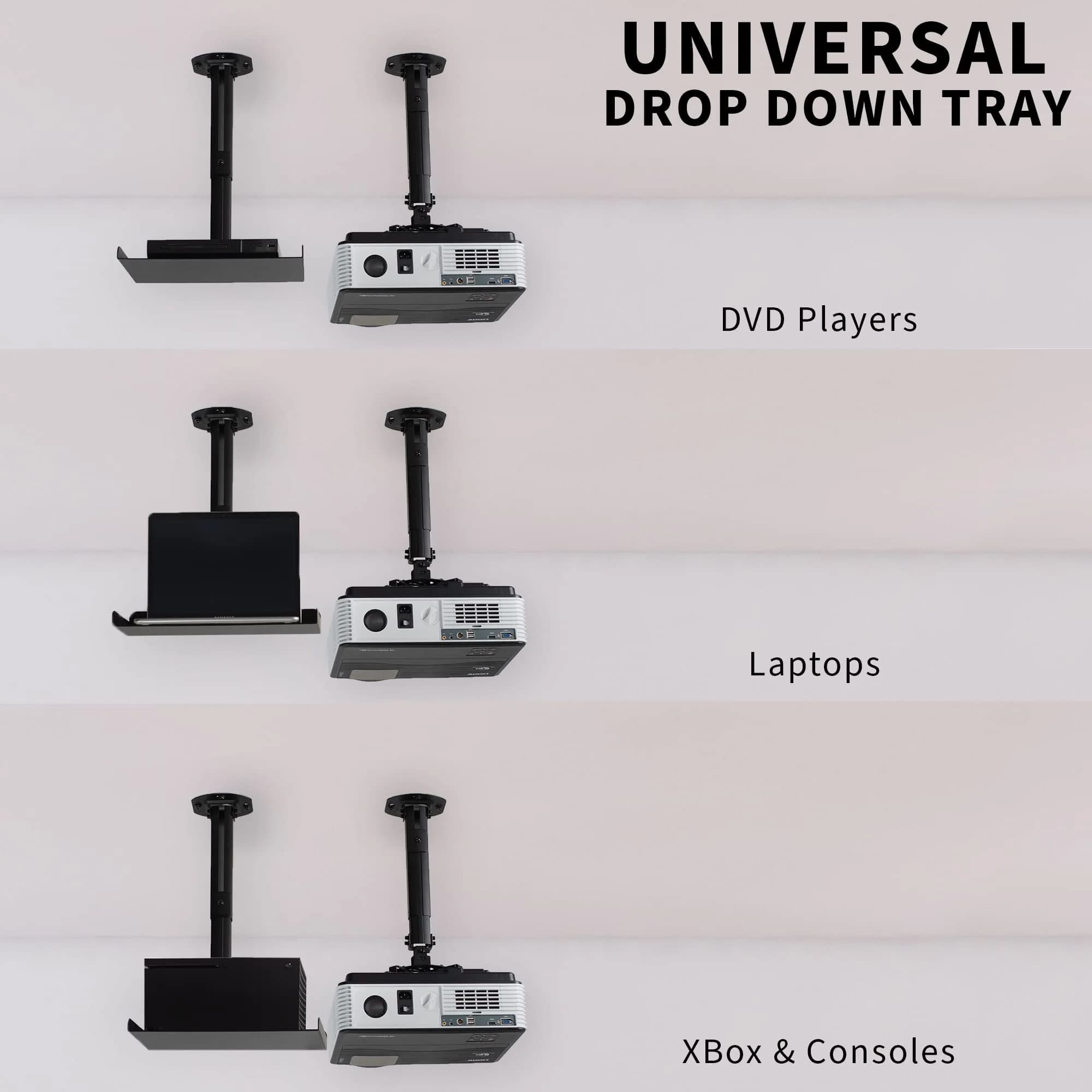 VIVO Universal Extending Ceiling Projector Tray Mount Black | Height Adjustable Projection, No Hole Installation, Hidden Cable Routing (13.8" x 8.7" Tray, 11 lb Capacity) - view 9