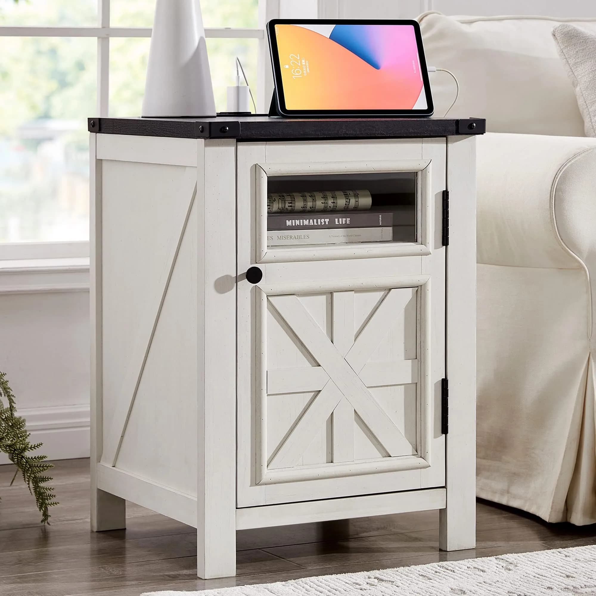 JXQTLINGMU Farmhouse End Table with Charging Station | Rustic Nightstand with Barn Door & Adjustable Shelf — White