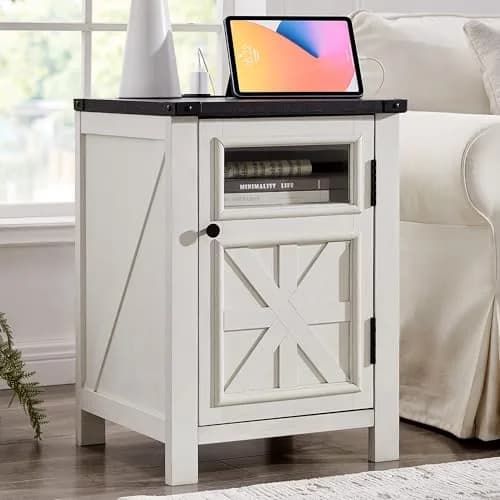 JXQTLINGMU Farmhouse End Table with Charging Station | Rustic Nightstand with Barn Door & Adjustable Shelf thumbnail 1