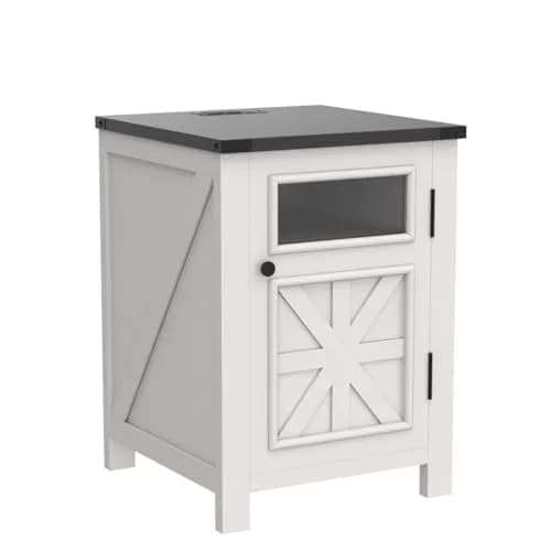 JXQTLINGMU Farmhouse End Table with Charging Station | Rustic Nightstand with Barn Door & Adjustable Shelf thumbnail 4