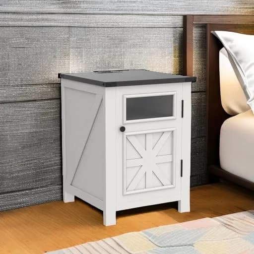 JXQTLINGMU Farmhouse End Table with Charging Station | Rustic Nightstand with Barn Door & Adjustable Shelf thumbnail 6
