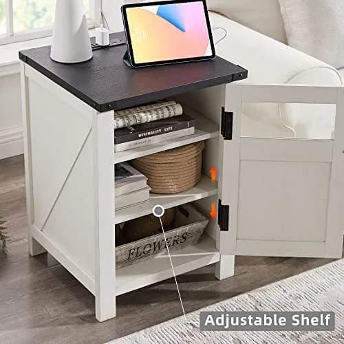 JXQTLINGMU Farmhouse End Table with Charging Station | Rustic Nightstand with Barn Door & Adjustable Shelf thumbnail 7