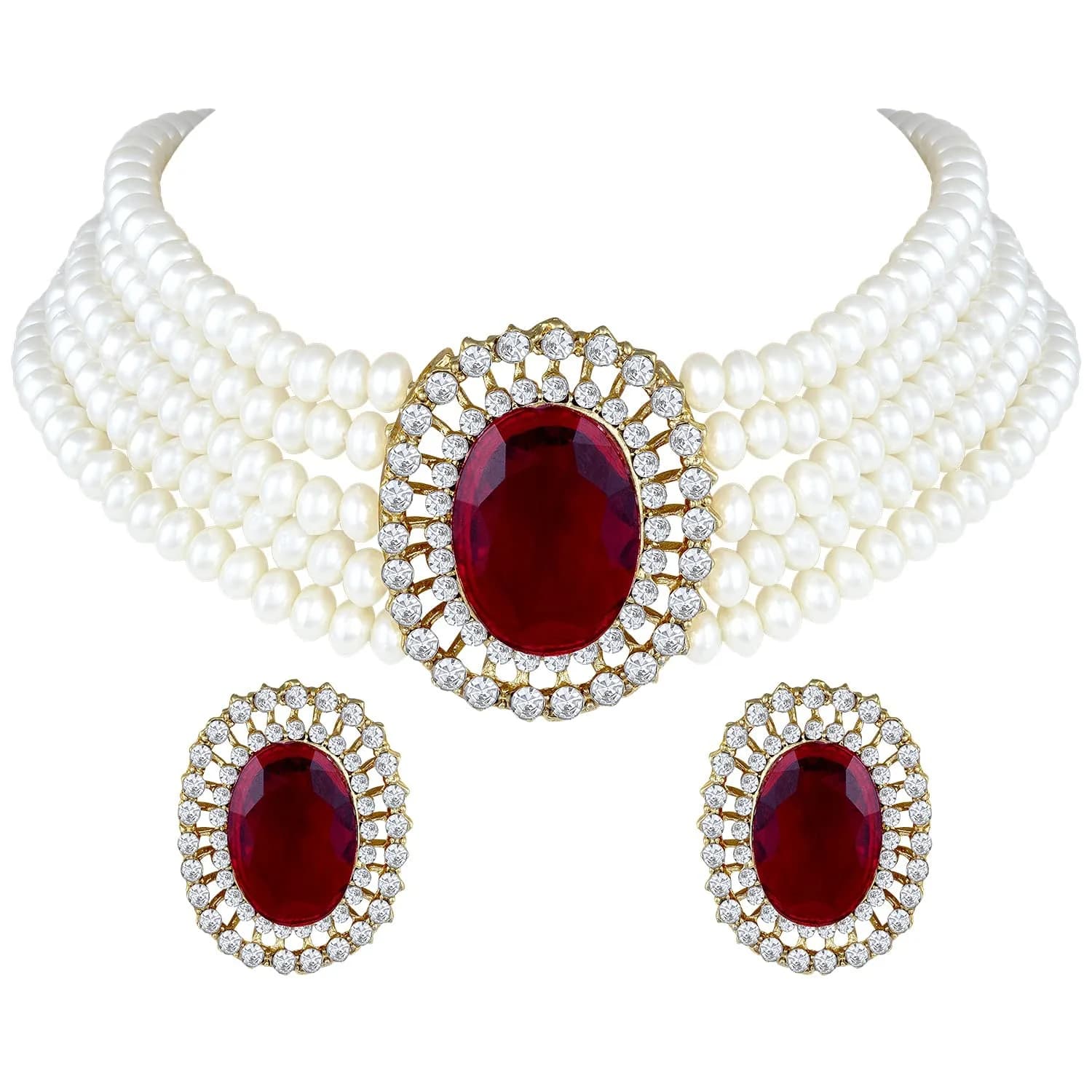 I Jewels Gold Plated Pearl Choker Necklace Jewellery Set with Green Stones & Earrings for Women | Necklace: 2.54cm (1 inch) x 4cm, Earrings: 4cm x 3.3cm — Maroon