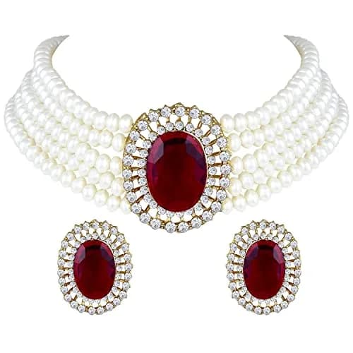 I Jewels Gold Plated Pearl Choker Necklace Jewellery Set with Green Stones & Earrings for Women | Necklace: 2.54cm (1 inch) x 4cm, Earrings: 4cm x 3.3cm thumbnail 1