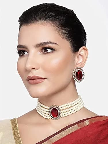 I Jewels Gold Plated Pearl Choker Necklace Jewellery Set with Green Stones & Earrings for Women | Necklace: 2.54cm (1 inch) x 4cm, Earrings: 4cm x 3.3cm thumbnail 4