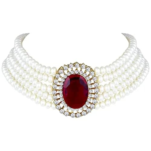 I Jewels Gold Plated Pearl Choker Necklace Jewellery Set with Green Stones & Earrings for Women | Necklace: 2.54cm (1 inch) x 4cm, Earrings: 4cm x 3.3cm thumbnail 5