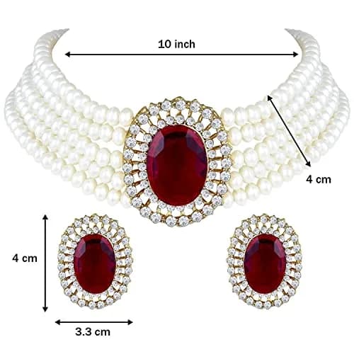 I Jewels Gold Plated Pearl Choker Necklace Jewellery Set with Green Stones & Earrings for Women | Necklace: 2.54cm (1 inch) x 4cm, Earrings: 4cm x 3.3cm thumbnail 7