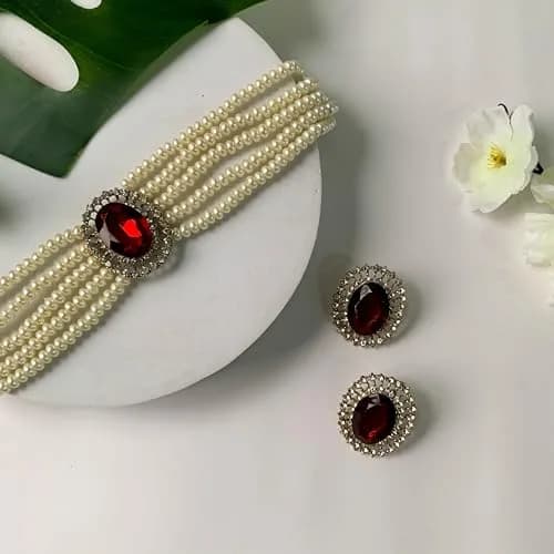 I Jewels Gold Plated Pearl Choker Necklace Jewellery Set with Green Stones & Earrings for Women | Necklace: 2.54cm (1 inch) x 4cm, Earrings: 4cm x 3.3cm thumbnail 8