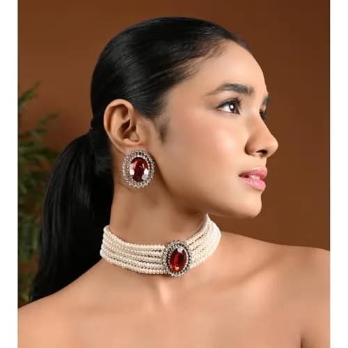 I Jewels Gold Plated Pearl Choker Necklace Jewellery Set with Green Stones & Earrings for Women | Necklace: 2.54cm (1 inch) x 4cm, Earrings: 4cm x 3.3cm thumbnail 2