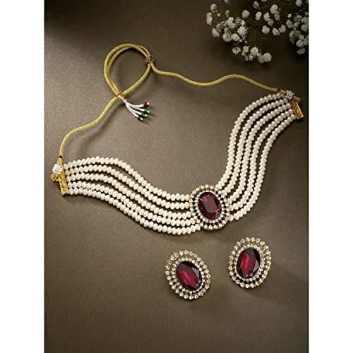 I Jewels Gold Plated Pearl Choker Necklace Jewellery Set with Green Stones & Earrings for Women | Necklace: 2.54cm (1 inch) x 4cm, Earrings: 4cm x 3.3cm thumbnail 3