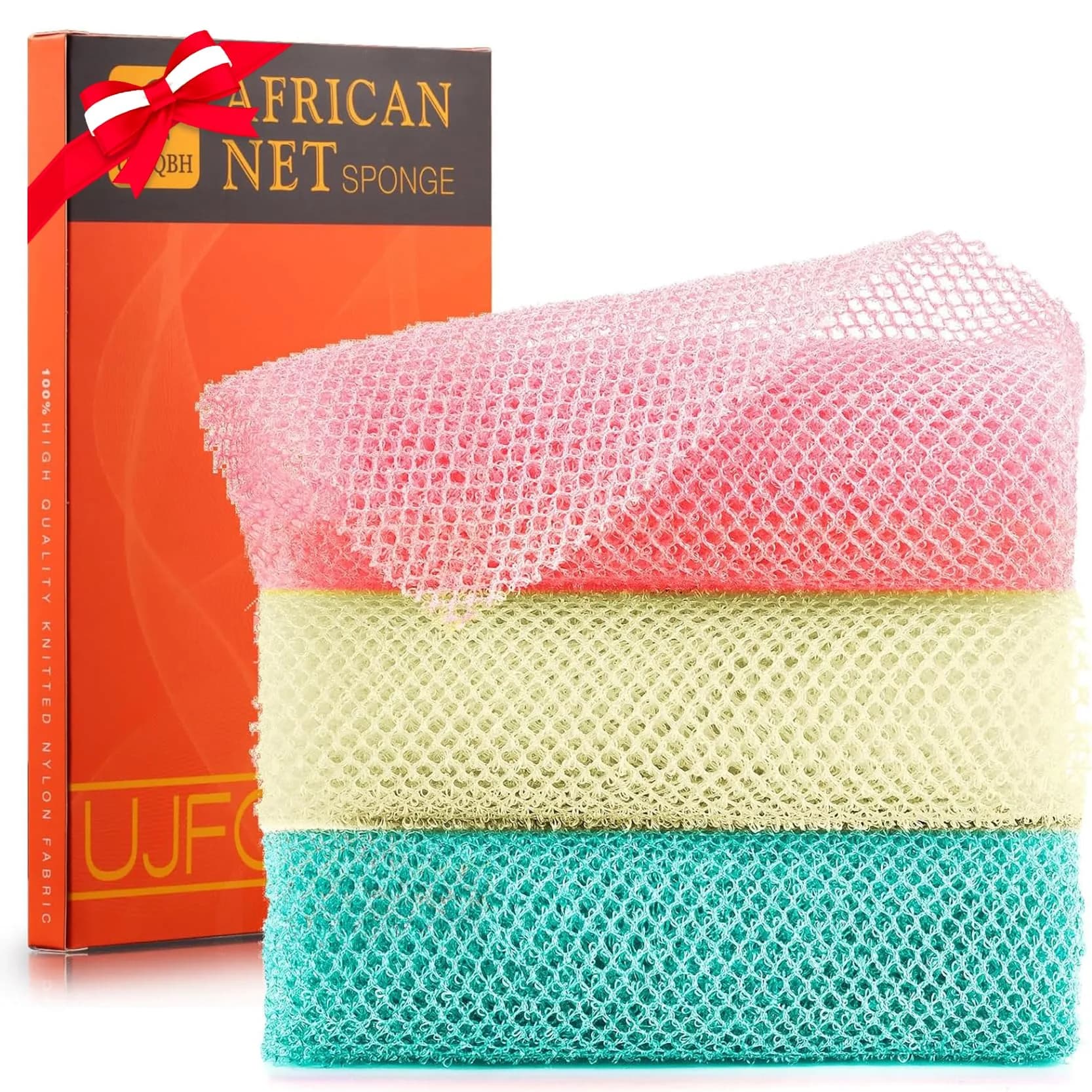 UJFQBH African Net Sponge 3 Pack - Pink, Green, Off-White | Deep Cleansing & Gentle Exfoliation - main product image