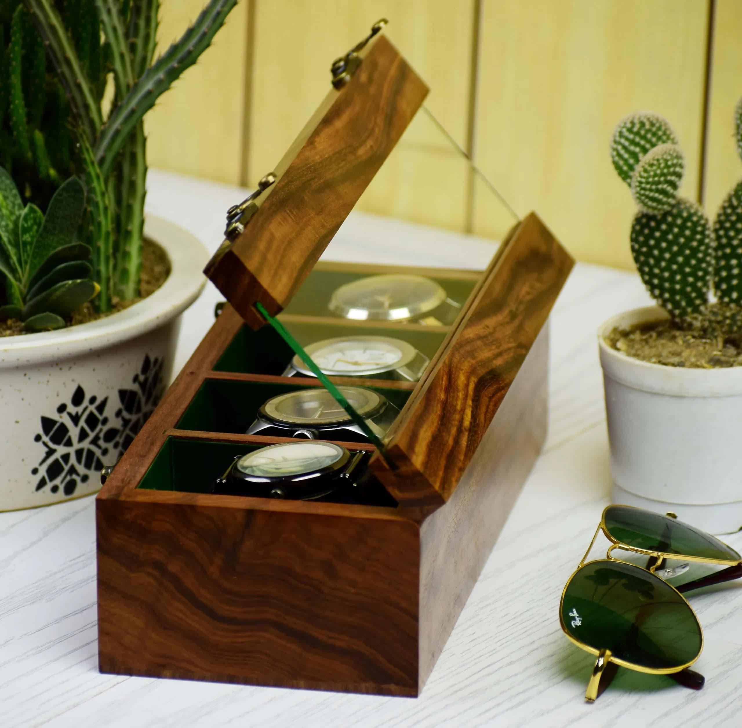 Royal Craft Expertise 4 Slot Wooden Watch Box Organizer | Vintage Brown, Rosewood Lined, Glass Top — 4 SLOTS