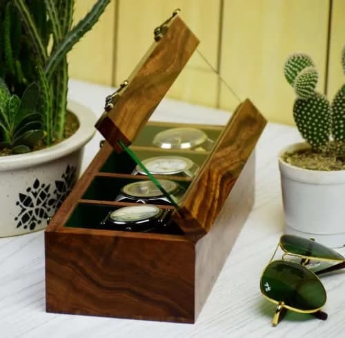 Royal Craft Expertise 4 Slot Wooden Watch Box Organizer | Vintage Brown, Rosewood Lined, Glass Top thumbnail 1