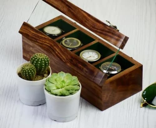 Royal Craft Expertise 4 Slot Wooden Watch Box Organizer | Vintage Brown, Rosewood Lined, Glass Top thumbnail 5