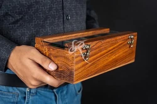 Royal Craft Expertise 4 Slot Wooden Watch Box Organizer | Vintage Brown, Rosewood Lined, Glass Top thumbnail 6