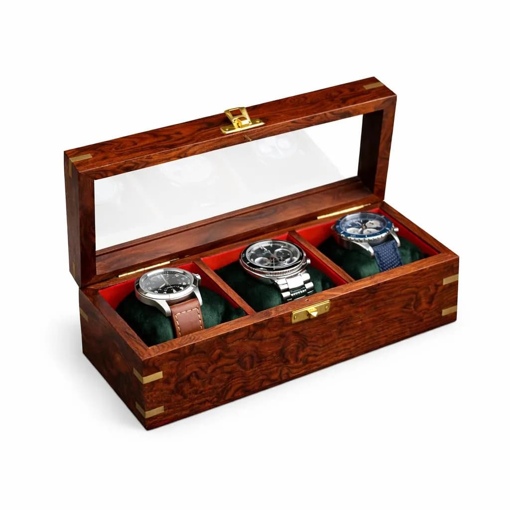 Royal Craft Expertise 3 Slot Handmade Wooden Watch Box | Indian Rosewood Timepiece Organizer with Glass Lid, Soft Velvet Cushions — 3 SLOTS