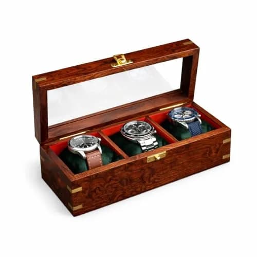 Royal Craft Expertise 3 Slot Handmade Wooden Watch Box | Indian Rosewood Timepiece Organizer with Glass Lid, Soft Velvet Cushions thumbnail 1