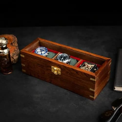 Royal Craft Expertise 3 Slot Handmade Wooden Watch Box | Indian Rosewood Timepiece Organizer with Glass Lid, Soft Velvet Cushions thumbnail 4